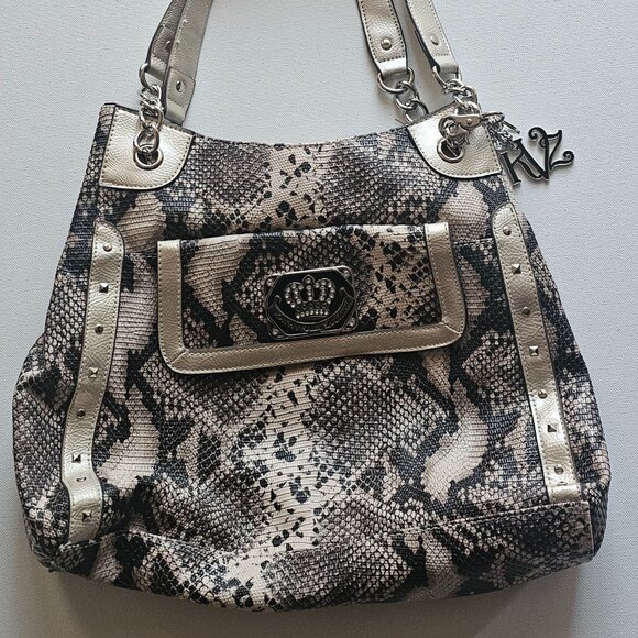 KATHY VAN ZEELAND Faux Snakeskin Print Studded Handbag with Charms - Picture 1 of 6